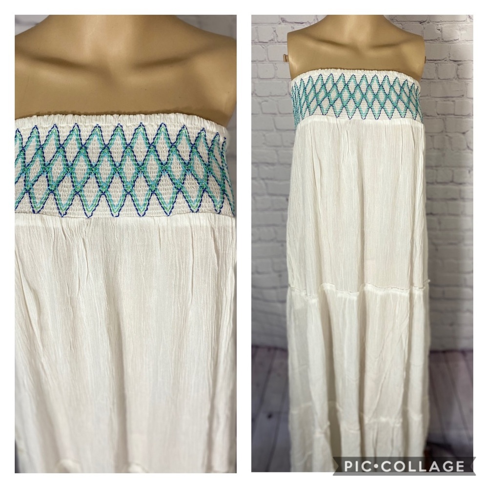White strapless embroidered boho maxi